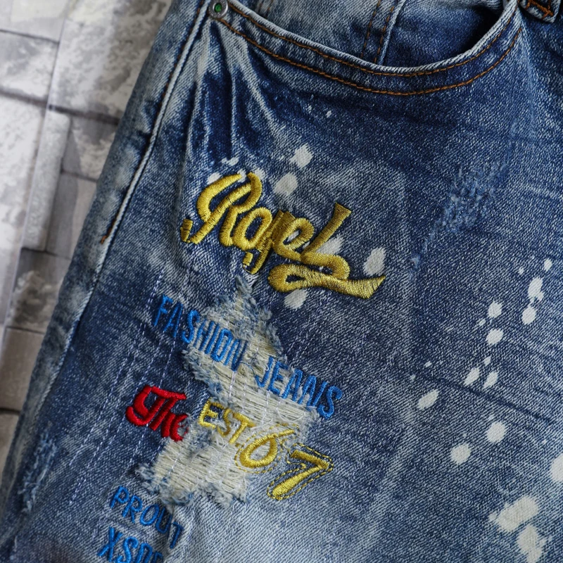 High End Trendy Embroidery With Hole Patches Versatile Men Denim Shorts Straight Fit Elastic Personalized Casual Denim Capris