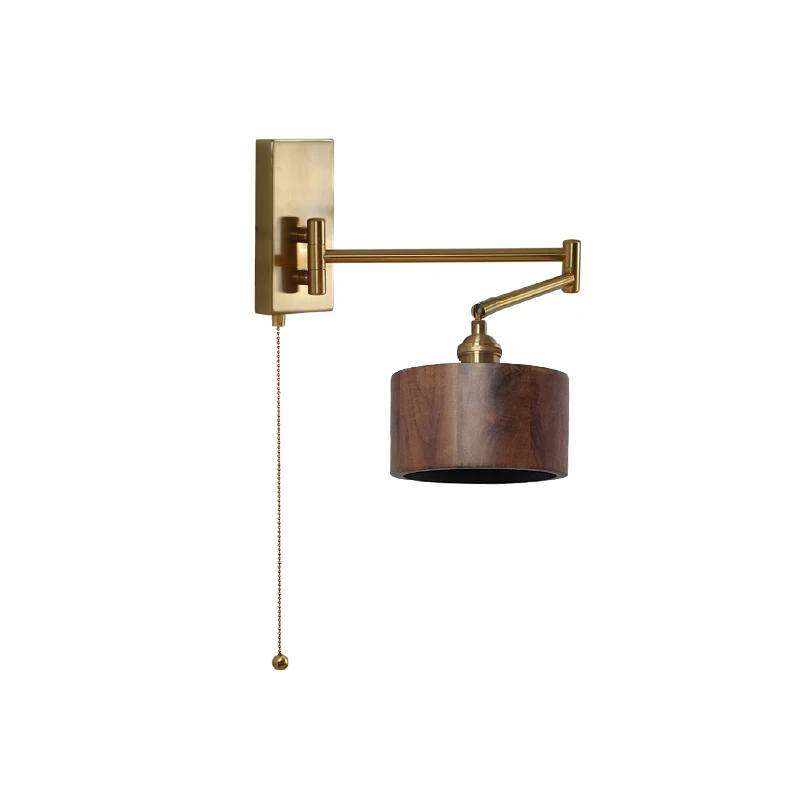 IWHD Left Right Rotate LED Wall Lamp Sconce Pull Chain Switch Bedroom Bathroom Mirror Stair Light Wooden Lampshade Wandlamp