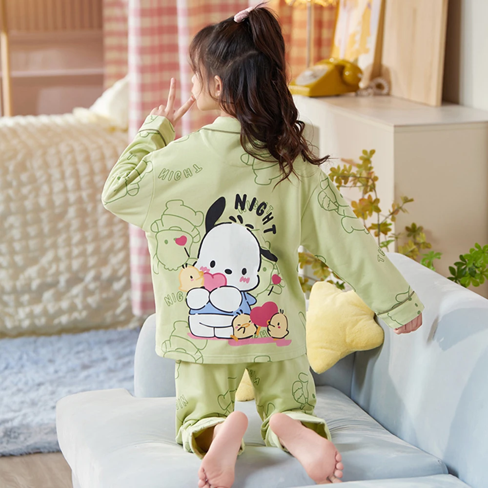 Kawaii Children's Pajamas Anime Melody Kuromi Cinnamoroll Girl Cotton Flip Collar Long Sleeves Cardigan Pants Sleepwear Homewear 6