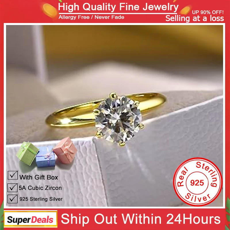 

YHAMNI Fashion 925 Sterling Silver Gold Plating 1 Carat Zircon Diamant Rings for Women Accessories Engagement Jewelry Anill