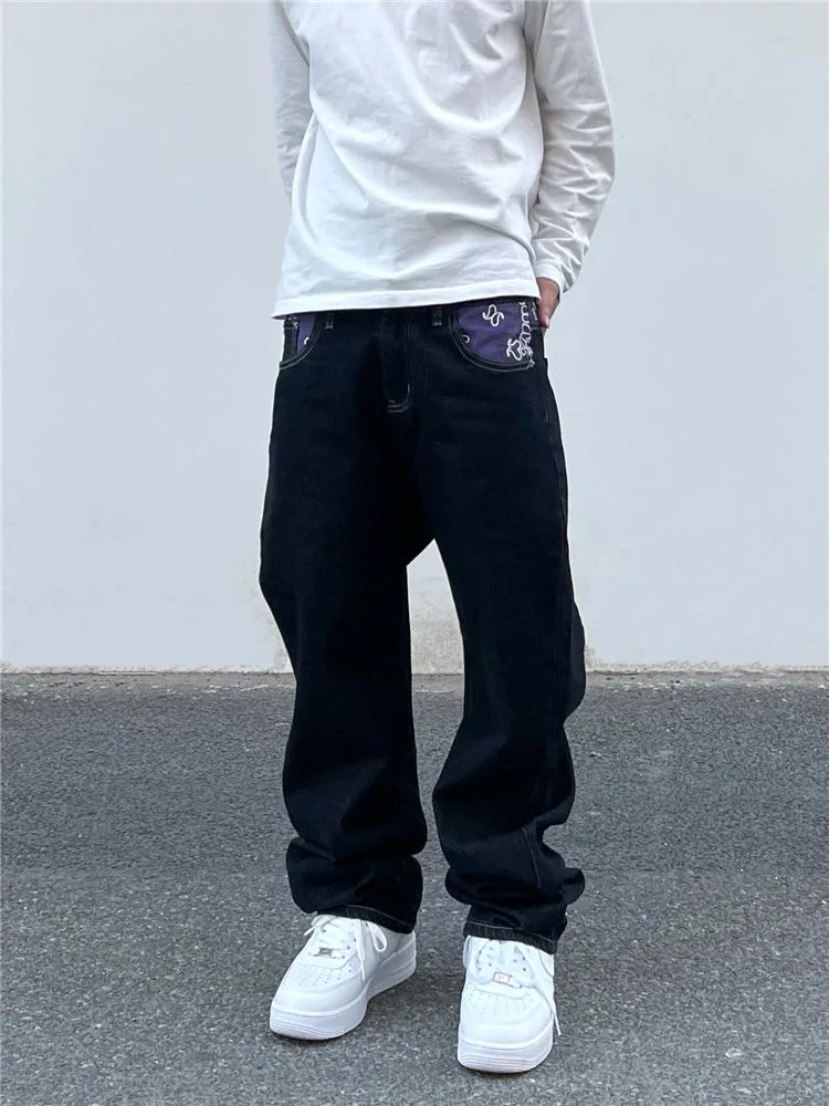 High Street Embroidery Letter Straight Tube Loose Black Jeans Male American Hip Hop Hiphop Retro All Match Pants Tide