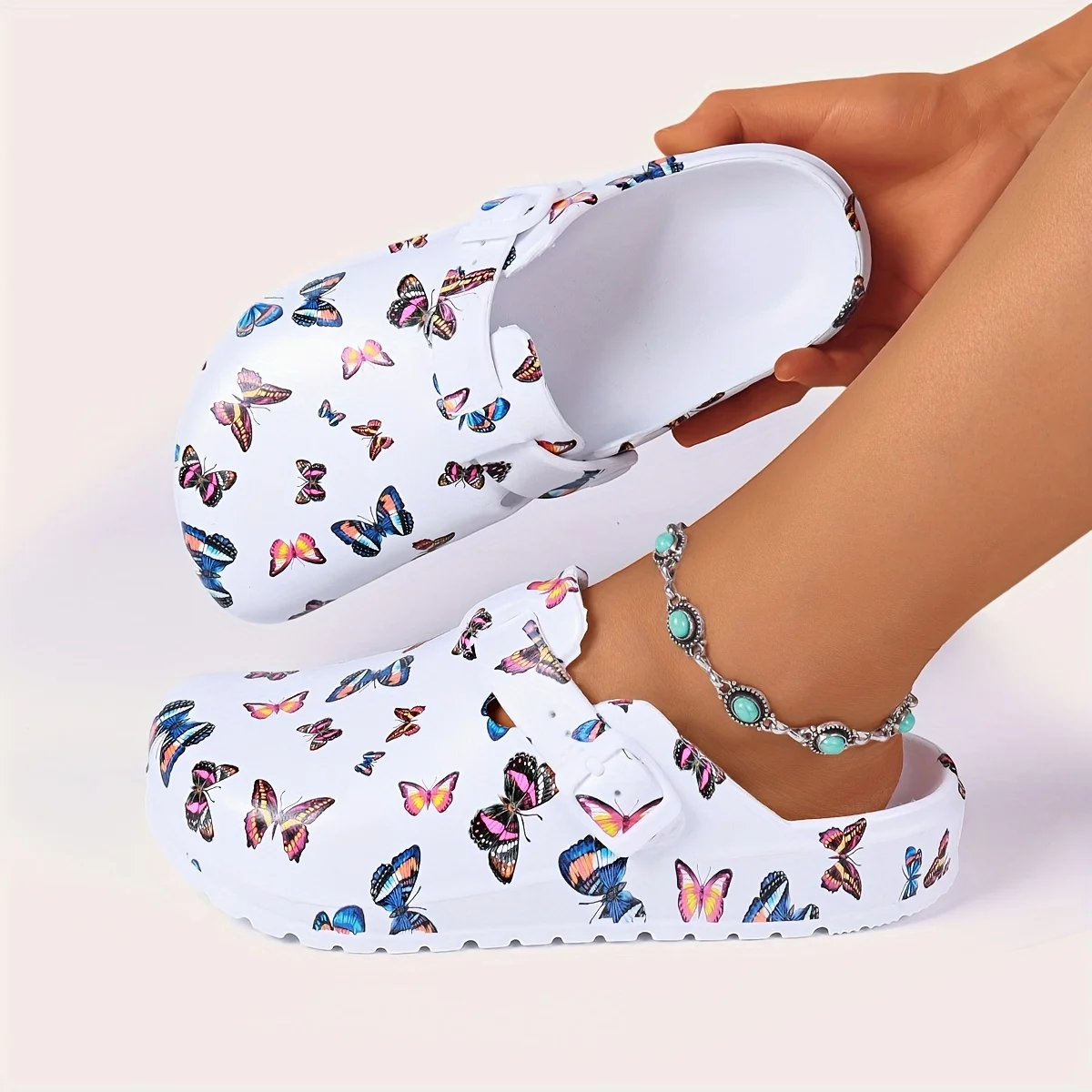 Fashion EVA Women's Clogs Butterfly Print Indoor Slippers Lightweight Flat Soft Sole Adjustable Buckle Beach Garden Shoes
