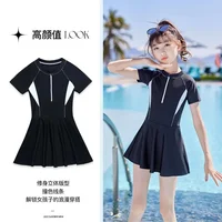 Summer Girls Swimsuit Short Sleeve One-piece Dress Kids Swimwear With Underwear Children Holiday Vacation Beach Clothes For Girl 2