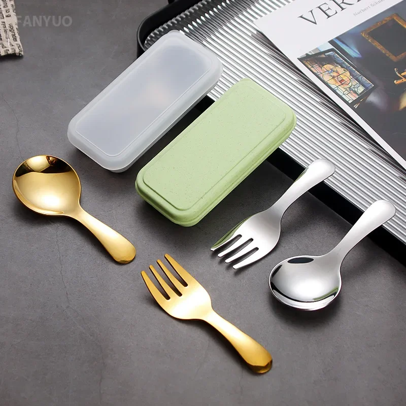 Mini portable stainless steel spoon fork set storage dessert fruit tool for work school short handle tableware suitable for kids picnic camping western style