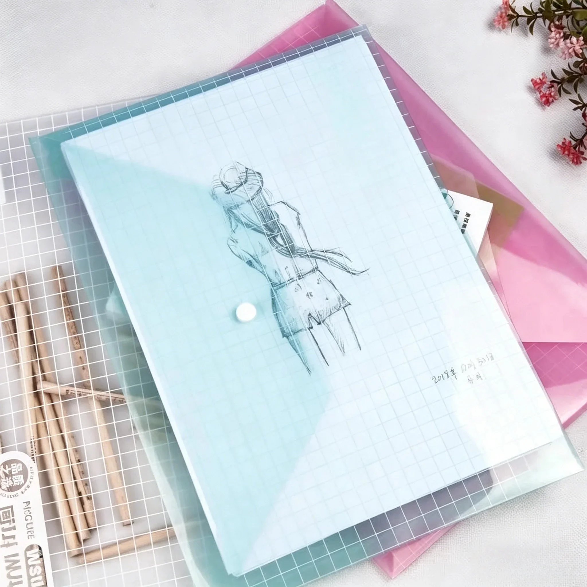A4 투명 두꺼운 방수 대용량 버튼 파일 가방 12Pcs 학생 사무실 종이 보관을위한 무작위 컬러 플라스틱 파우치