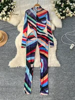 SINGREINY Mesh Sexy Long Playsuit Stand Collar Long Sleeves Transparent Zipper Design Streetwear Striped Print Bodycon Jumpsuits