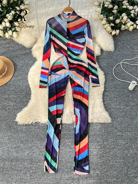 SINGREINY Mesh Sexy Long Playsuit Stand Collar Long Sleeves Transparent Zipper Design Streetwear Striped Print Bodycon Jumpsuits