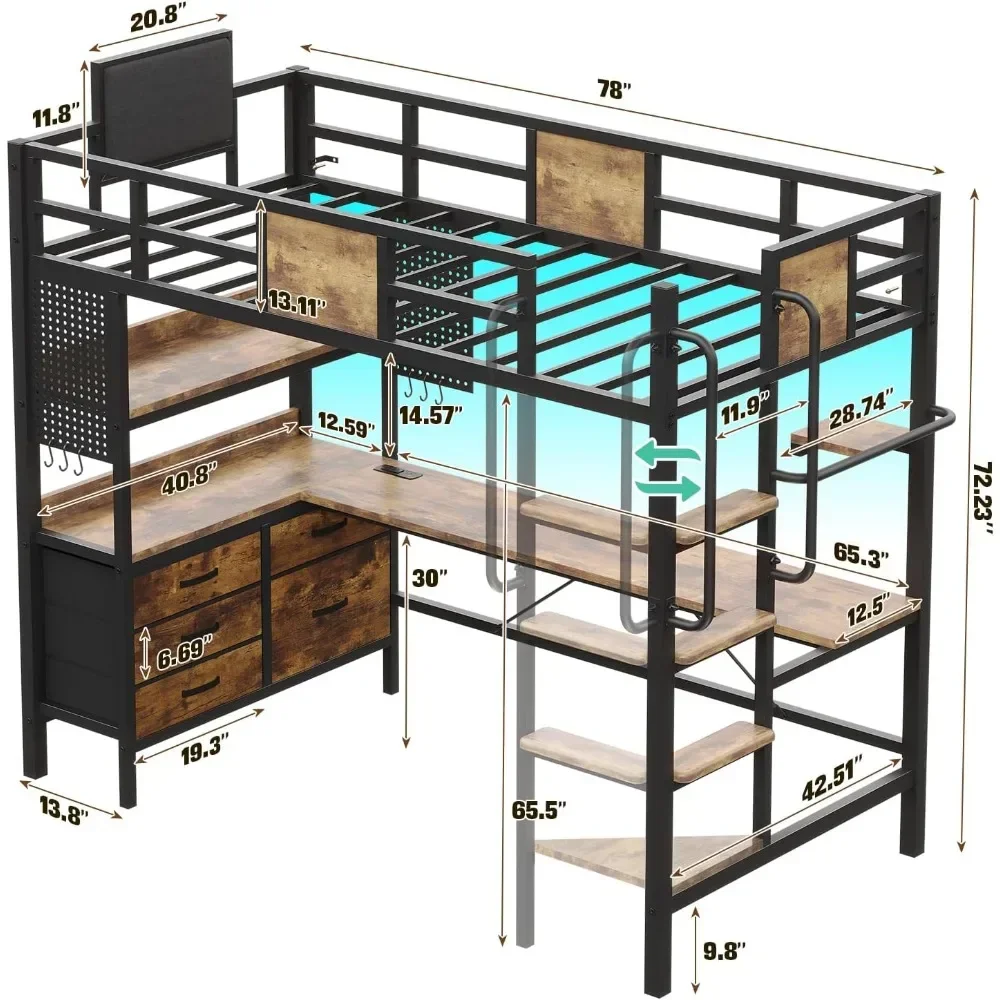 Loft Bed Twin Size with L Shaped Desk and Storage, Charging Station 5 Drawer 2 Pegboards Clothes Rack, Metal Bunk Loft Bed Frame 5
