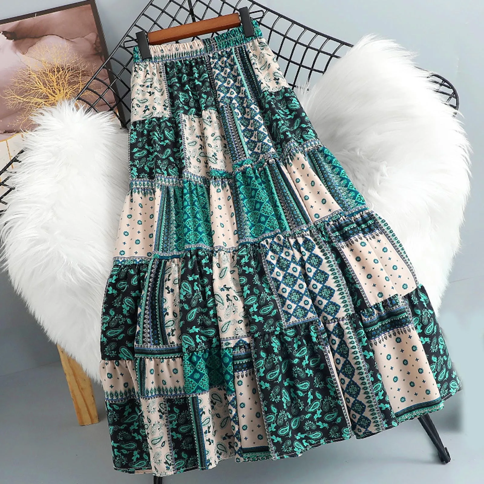 

Womens Fashion Halfskirts Elastic High Waist Bohemian Loose Panel Skirt For Women Multiple Pattern Prints Retro Style Skirt