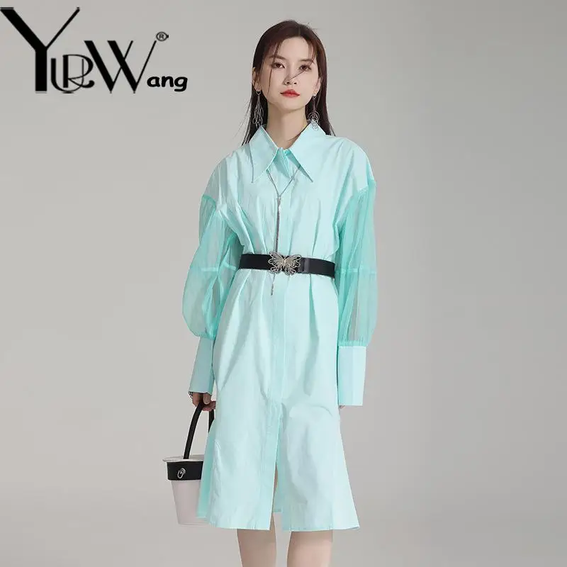 

Getspring Women Dress Puff Sleeve Mesh Patchwork Mermaid Dresses Long Sleeves Fashion Casual Shirts Dresses Women 2023 New