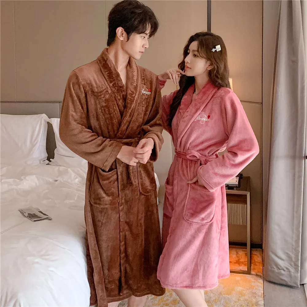 Flannel couple nightgown bathrobe winter thickening and lengthening men and women sexy coral fleece large lapel home service