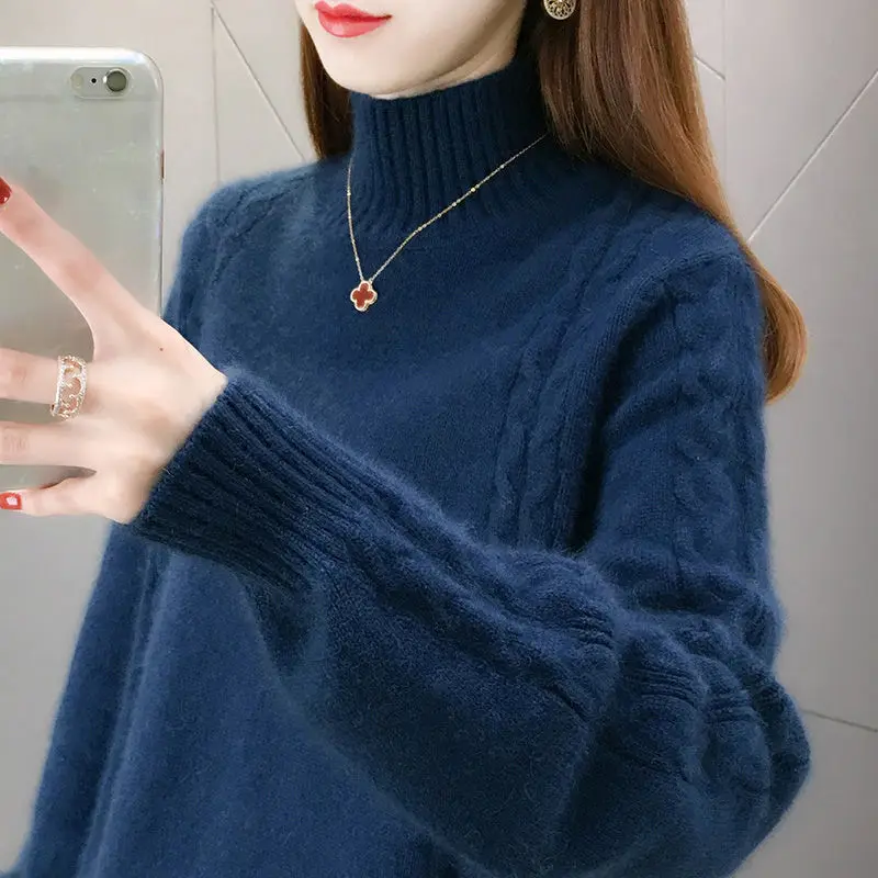 

High Collar Sweater Women's New Autumn Winter Loose Outerwear Lazy Knitted Thickened Bottom Tops Warm Pullovers Sueter Femme