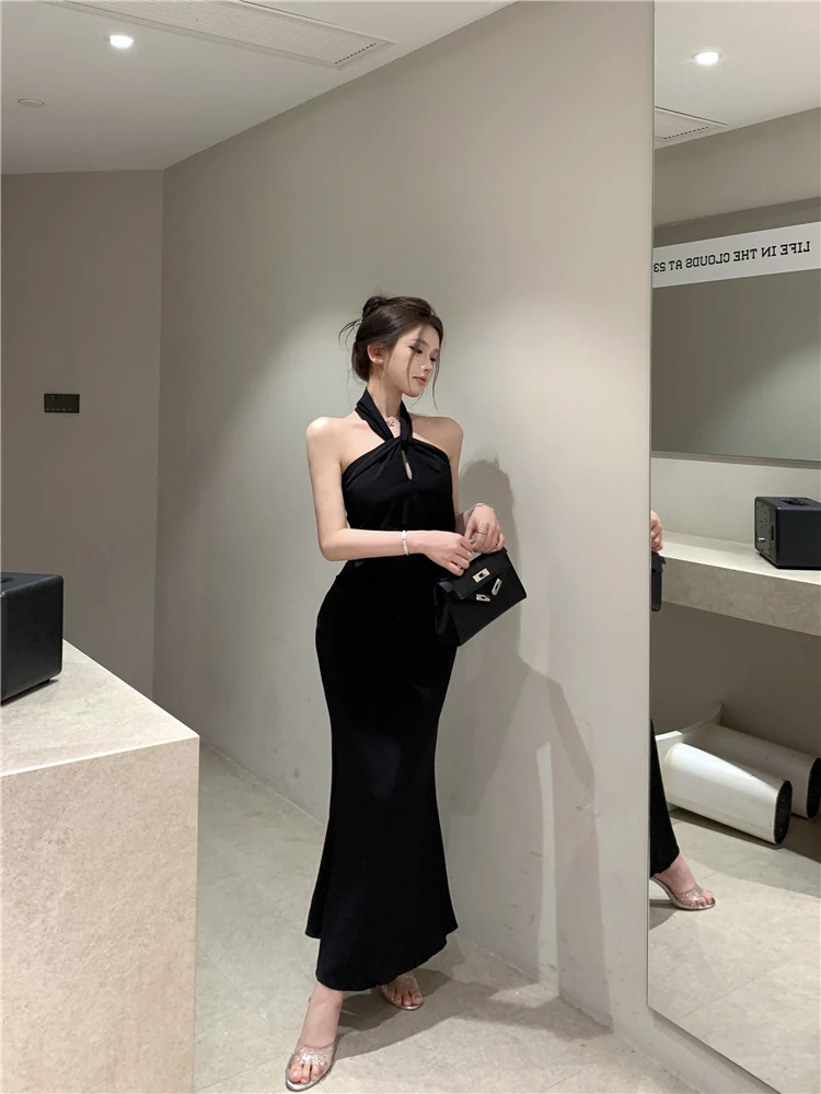 Sexy Bodycon Satin Evening Party Dress Sleeveless Halter Slim Mermaid Summer New Midi Dresses for Women Prom Vestidos Mujer