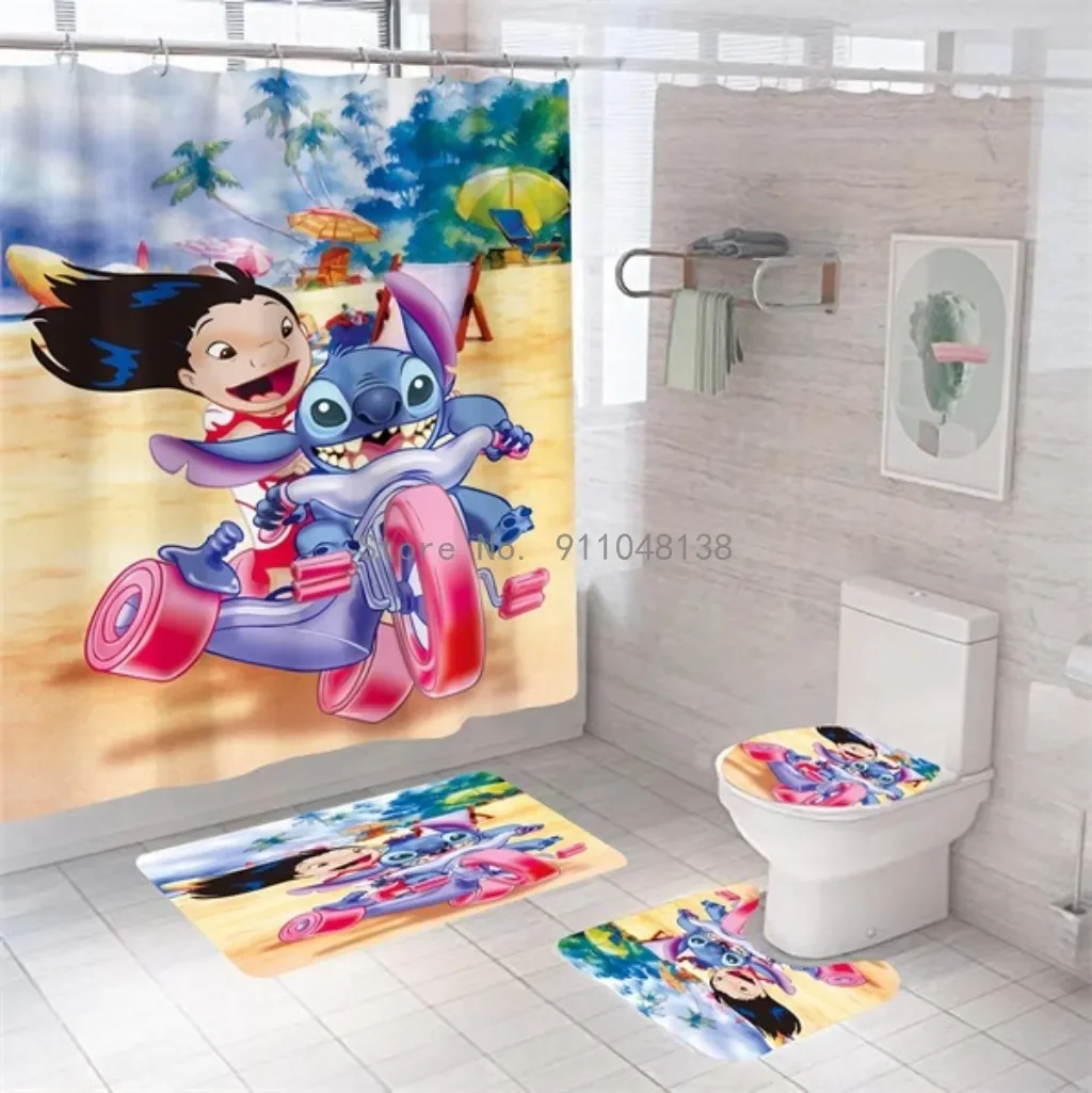 Disney 3D Lilo & Stitch Waterproof Bathroom Shower Curtain in the Bathroom with Hook Set Soft Bath Mat Toilet Carpet Rugs