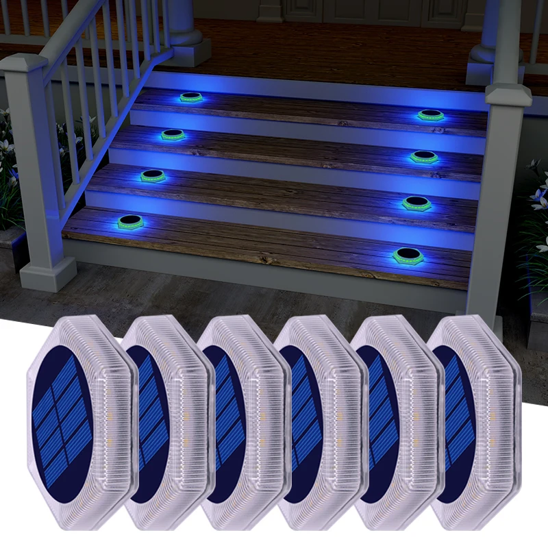 Paquete de 6 luces solares para entrada al aire libre IP68, luces de paso de cubierta azules impermeables, luces solares para escaleras, pegar en el muelle, garaje, valla de piscina