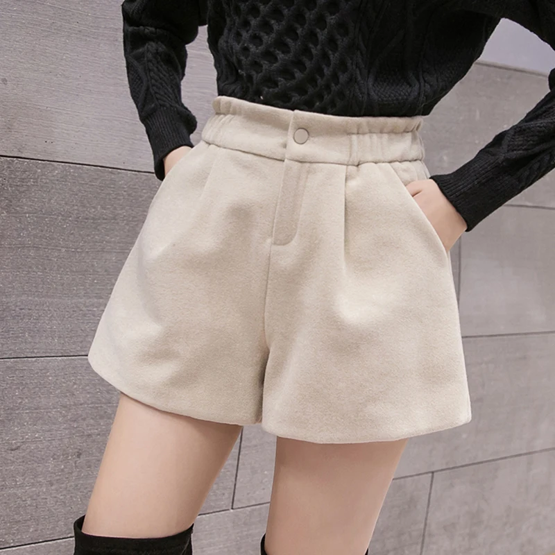 S-5XL Woolen Shorts Women Warm Harajuku Loose High Waist Short Elegant Button Pocket Wide Leg Trouser Lady New Clothing Stylish