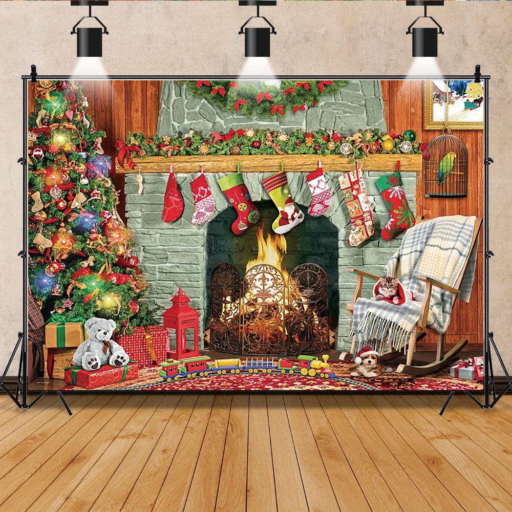 

Christmas Fireplace Backdrop Decorations Christmas Tree /Gifts /Socks Photography Backdrop Winter child Photo Shoot Studio Props