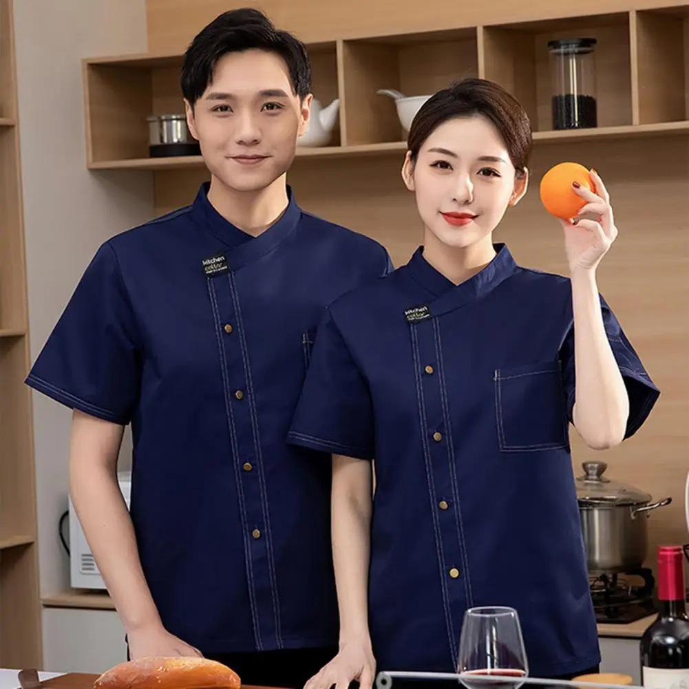 

Comfortable Chef Coveralls Premium Unisex Stand Collar Short Sleeve Chef Uniform with Single for Restaurant for Professionals