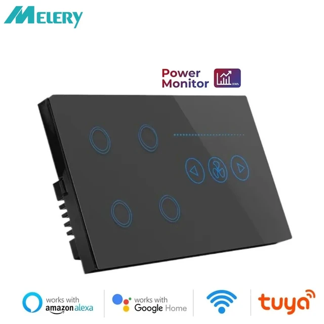 Melery สวิทช์พัดลมความเร็วสวิทช์ Wifi สมาร์ท Tuya Light 4Gang Glass Touch Sensor Panel Power Monitor ระยะไกล Alexa Google Home 1