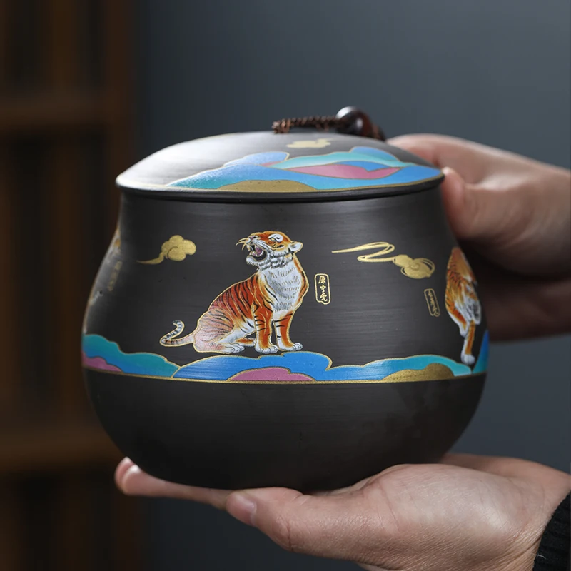 

Zisha Tea Box Ceramic Coffee Storage Color Tiger Decorative Jar Kitchen with Lid Candy Nuts Food Storage Bottle Home Decoration