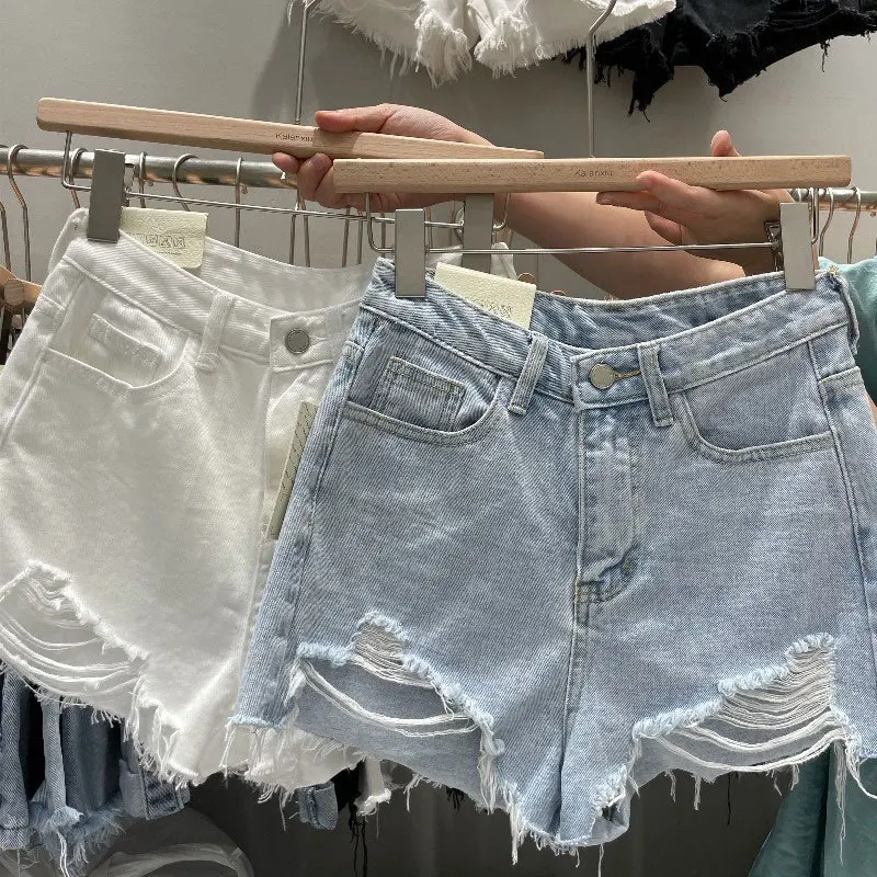 

Summer Denim Shorts Women Korean Fashion Ripped Holes High Waist Short Jeans Trousers Female Casual Street Wide Leg Short Pants