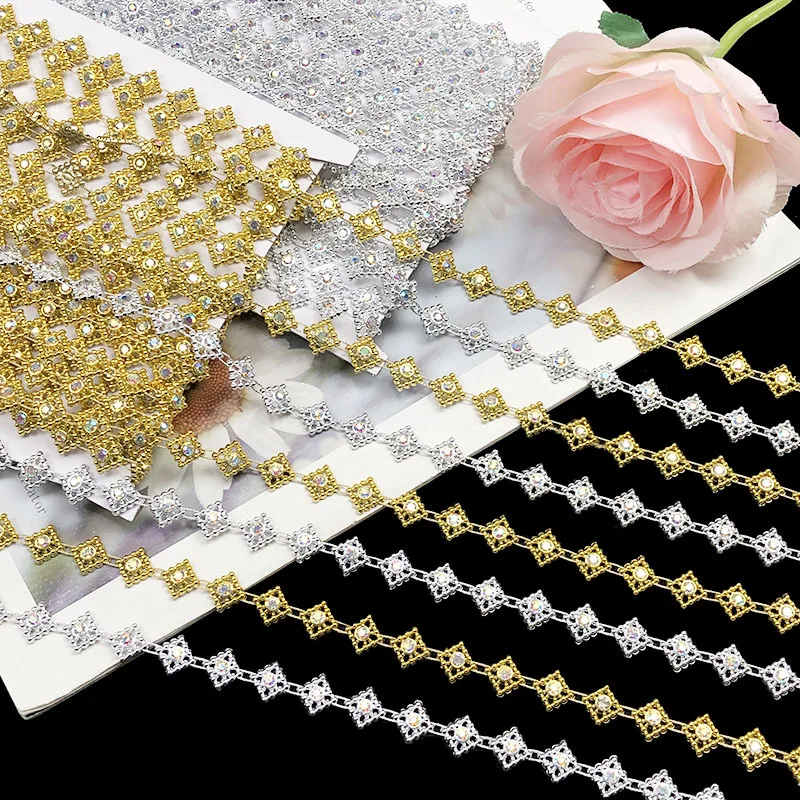 4 Yards 12mm Wide Exquisite Gold Sliver Rhinestone Lace Trim Braided Lace Diamond Ribbon Beaded Gold Sewing Band