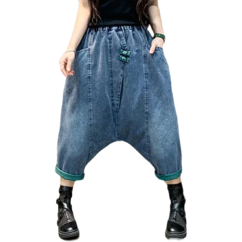 

2023 Denim Cross Pants Women New Baggy Casual Vintage Elastic Waist Bloomers Joggers Hip Hop Street Cowboy Trousers Pantalones