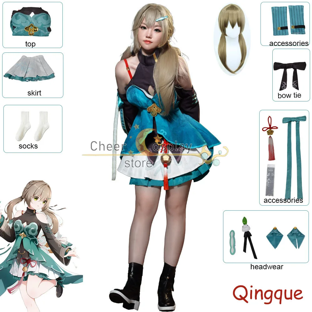 

Костюм для косплея Honkai Star Rail Qingque, полный комплект, костюм для косплея Qing Que Heat, парик, лоли, платье, Женский костюм на Хэллоуин