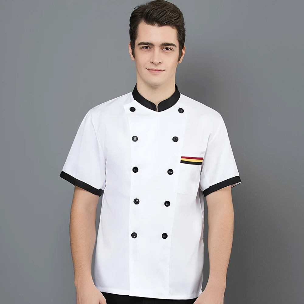 

Men Chef Coat Cook Uniform Short Sleeve Cooking Jackets Food Service Tops Restaurant Kitchen Work Clothes Bakery Job Wear Shirts