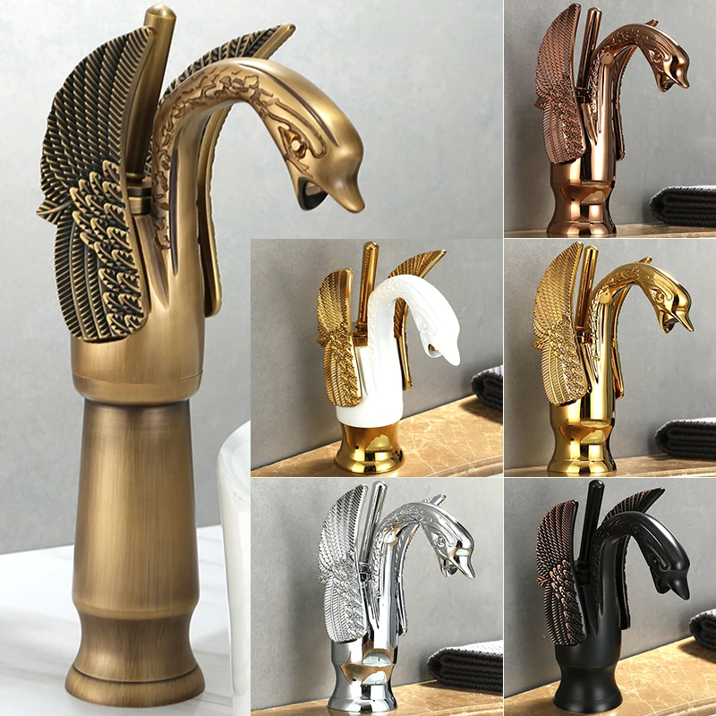 

Hot and Cold Water Tap Bathroom Cabinet Faucet Gold Retro Water MixerBrass Archaistic Swan Faucet Wash Basin Tap