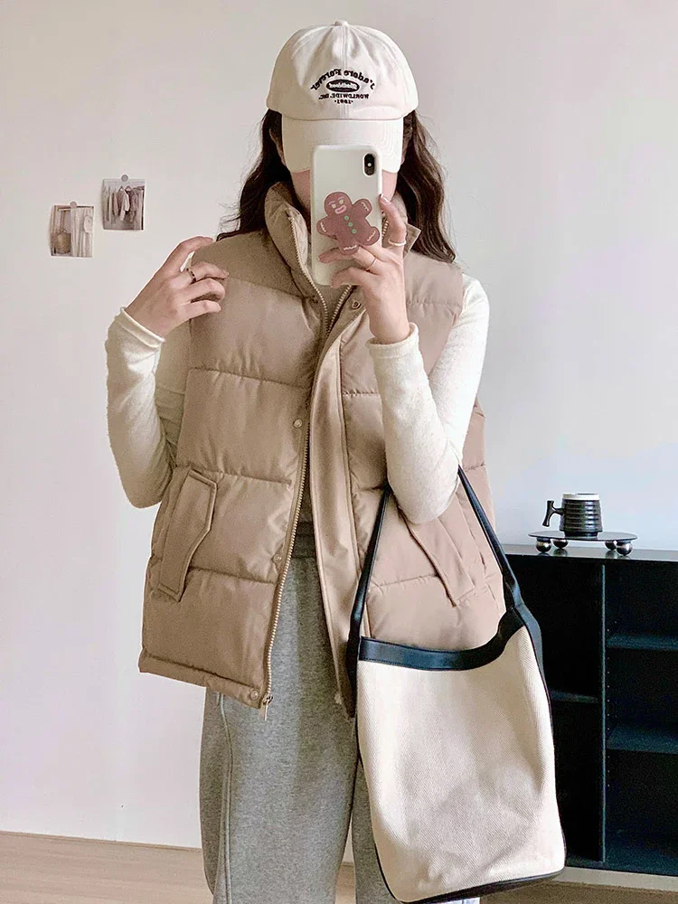 Vielleicht Autumn Winter Casual Women's Puffer Vest Jacket Short Stand Collar Solid Color Zipper Cotton Padded Winter Waistcoat
