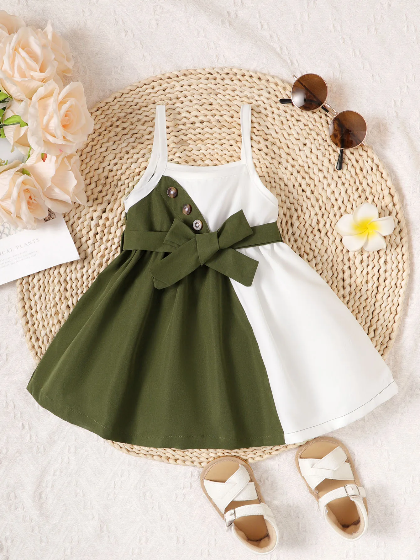 0-3 Year old Cute Baby Girl Suspender Color Blocked Lace up Dress, Toddler Baby girl Summer Casual Dress