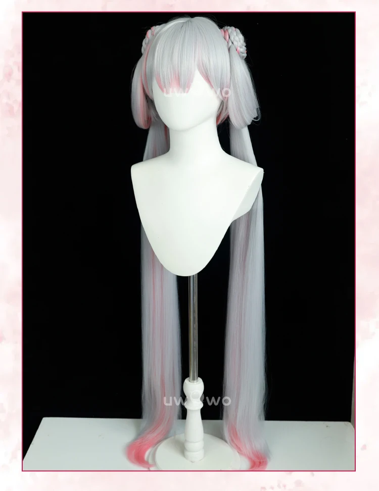 Jinhsi Perücken Wuthering Waves Pfirsichblüte Cosplay Perücke mit Zopf Langhaar Grau und Pink 4