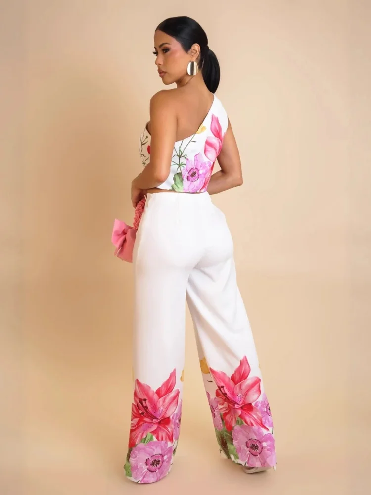 Wmstar Two Piece Sets Women Wholesale Elegant Stretch Wide Leg Off Shoulder Floral Print Pants Sets Matching Suit Dropshopping
