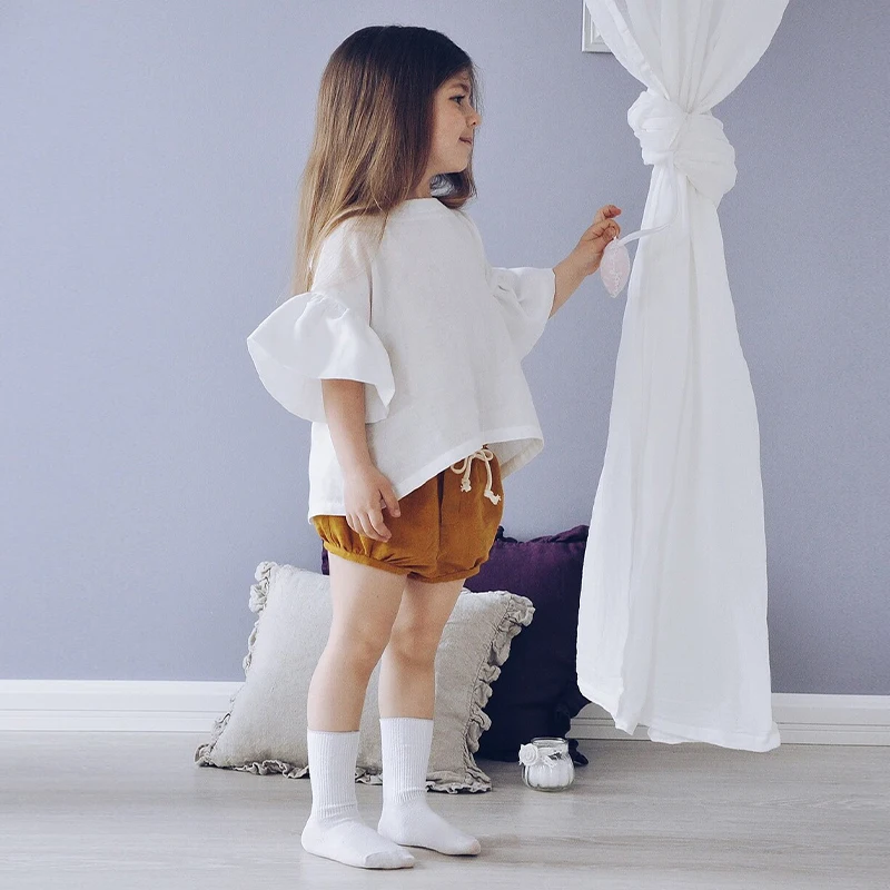 

Girls Ruffled Half Sleeved Cotton And Linen T-Shirt 2024 Summer New Children's Round Neck Casual Loose Linen Crop Tops TZ419
