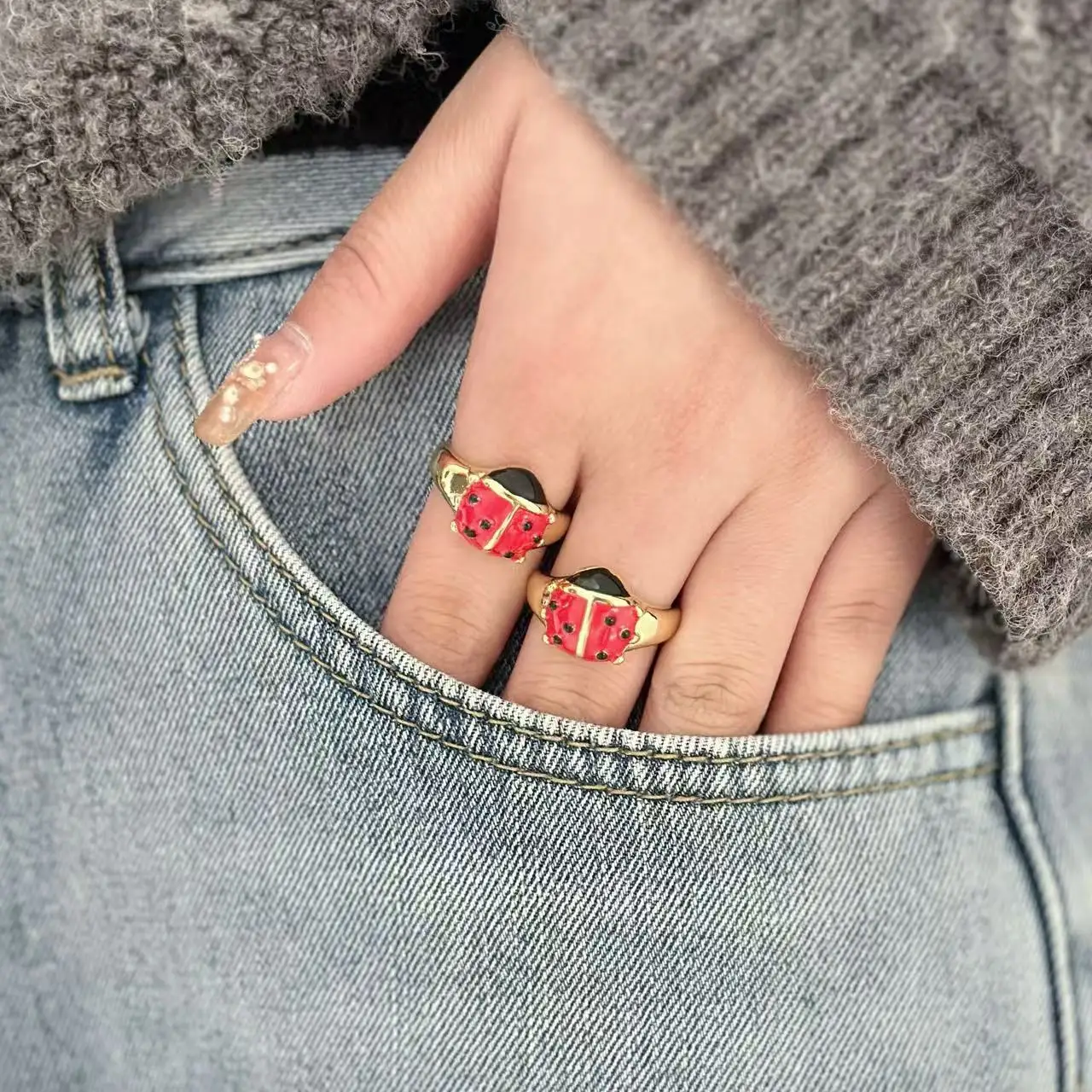 Vintage niche red ladybug adjustable women's ring elegant bohemian jewelry party wedding 2025 new 2