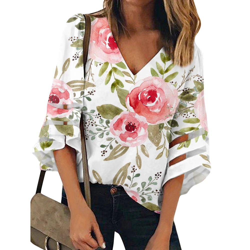 

Женская шифоновая блузка с коротким рукавом, V-образным вырезом и цветочным принтом