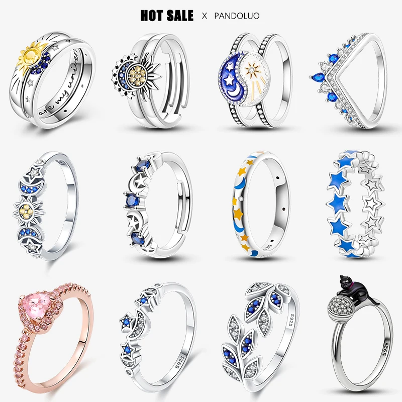 Pandora Celestial Sun & Moon Ring Set Dames 925 Zilveren Sieraden Verjaardag Geschenk Verlovingsringen 2023 Nieuw in Hot Fashion Unisex Ring Set