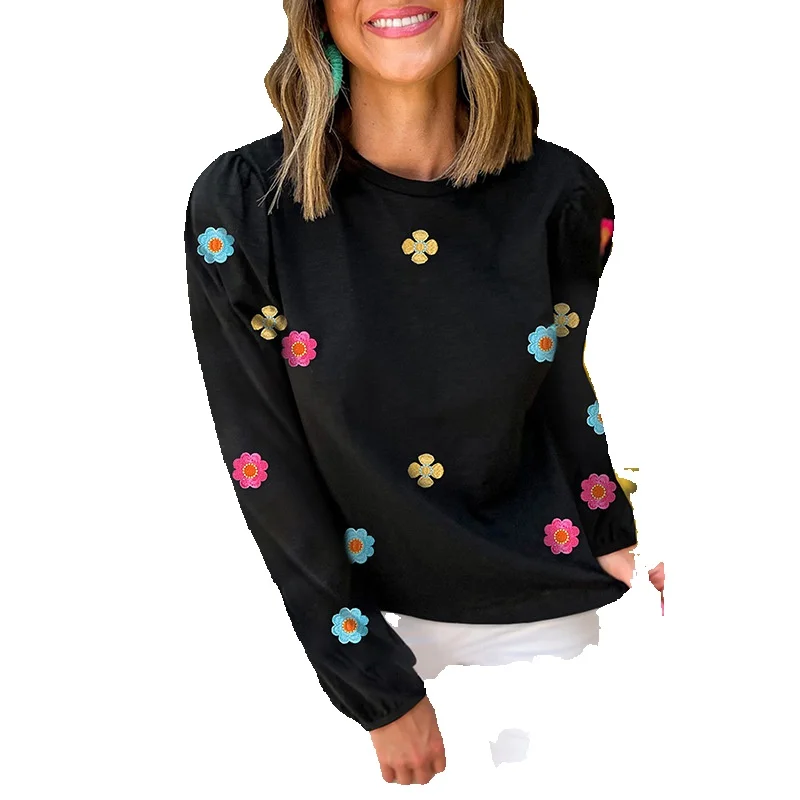 

Autumn New Pullover Long Sleeve Top For Women Fashion Flower Embroidery Sweater