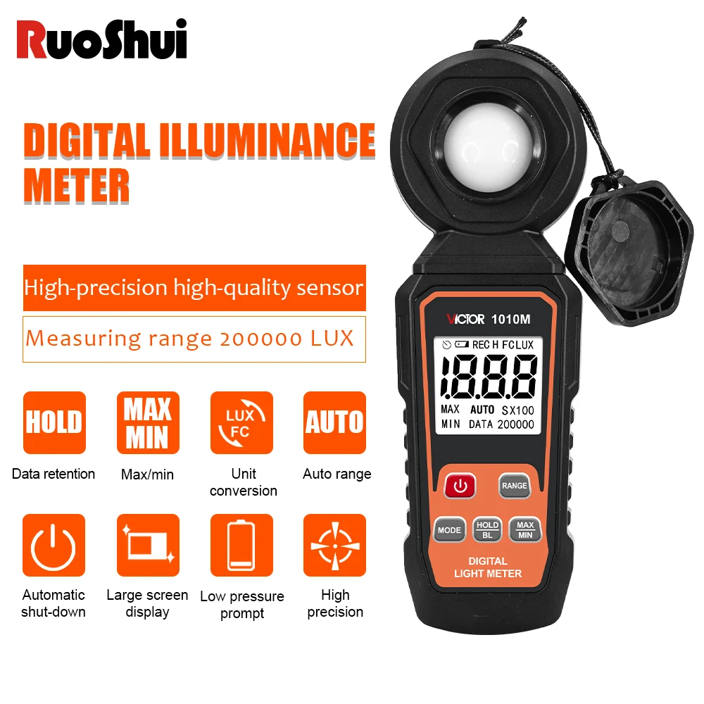 VICTOR Light Meter 1010M Digital Illuminance Meter Handheld Ambient Temperature Measurer with Range up to 200,000 Lux Luxmeter