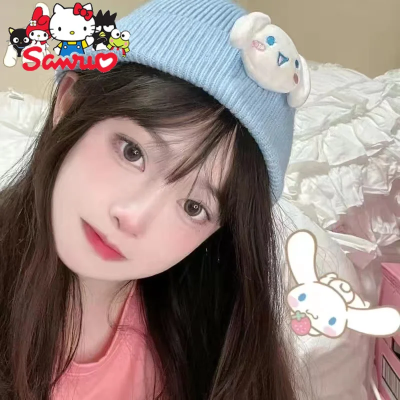 Sanrio Kuromi Hello Kitty Melody Cinnamoroll Beanie Cute Girly Heart Student Autumn/Winter Warm Knit Rice Hat Ear Protection Cap 7 colors baby knitted hat 2023 autumn kids beanie soft elastic baby bonnet caps chidlren ear protection cap pullover hat