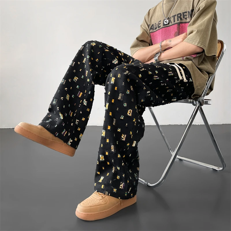 Cotton Casual Pants for Men Fashion Retro Colored Plaid Streetwear Hip-hop Loose Hollow Out Hole Trousers M-3XL casual pants