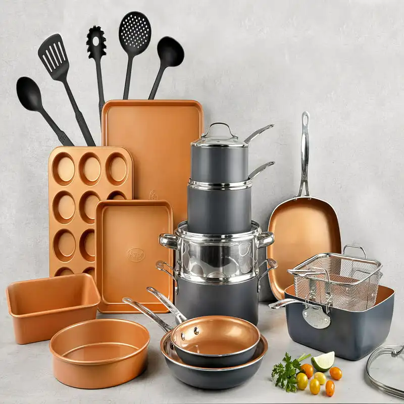 Gotham Steel Kitchen-in-a-box 25 Piece Cookware Set, Non-Stick Pots & Pans with Utensils, Graphite/Copper