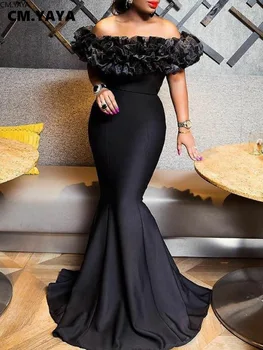 CM.YAYA Winter Women Slash Neck Sleeveless Ruffles Empire Dress Sexy Evening Party Night Mermaid Maxi Long Bandage Dresses 1