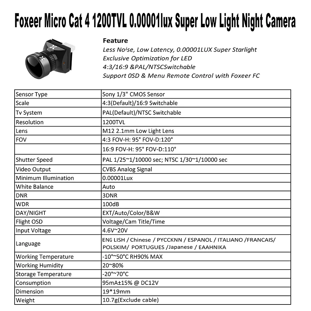 FOXEER CAT 4 FPV-камера Микро/мини-камера 1/3 CMOS HD 4:3/16:9 PAL/NTSC с переключением экранного меню 100 дБ WDR 1200TVL RC Racing Drone thumbnail 6