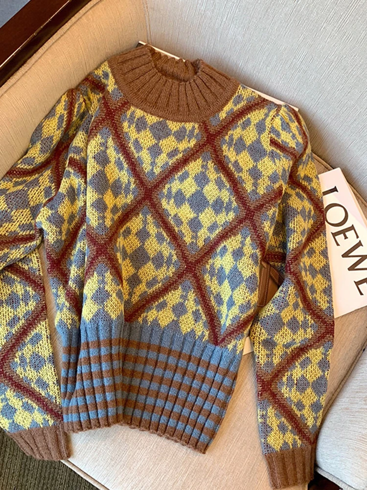 

Women Autumn Winter Half High Collar Vintage Printing Knitwear Jumper Baggy Long Sleeve Knit Pullover Sweater Warm Thick Chic