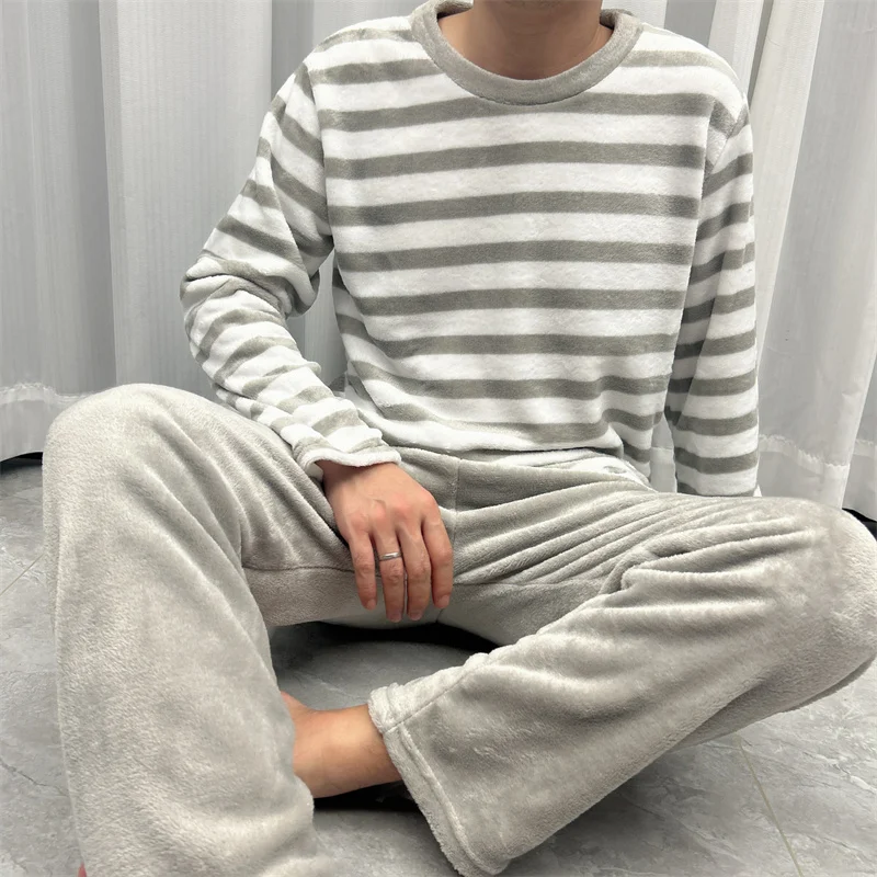 Pajama Sets For Men Autumn Winter Gray Striped