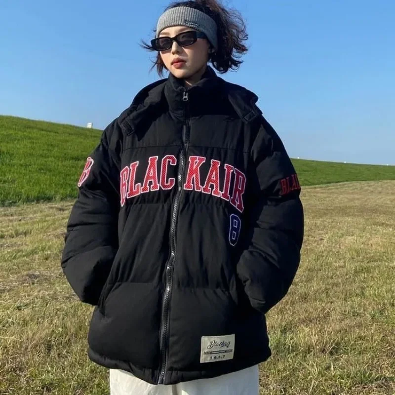 

INS Thicken Padded Jacket Hooded Parkas Men Letter Punk Goth Hip Hop Streetwear Winter Casual Loose Outwear Warm Cotton Overcoat