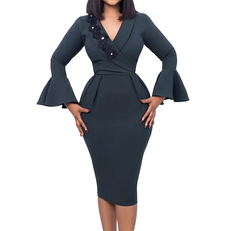 Temperament V-Neck Three-dimensional Decoration Flare Long Sleeve Slim Pencil Skirt Elegant Bag Hip Split Solid Plus Size Dress
