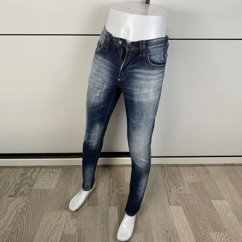 Street Fashion Men Jeans Retro Blue Plain Washed Elastic Slim Fit Ripped Jeans Men Vintage Designer Trousers Brand Pants Hombre